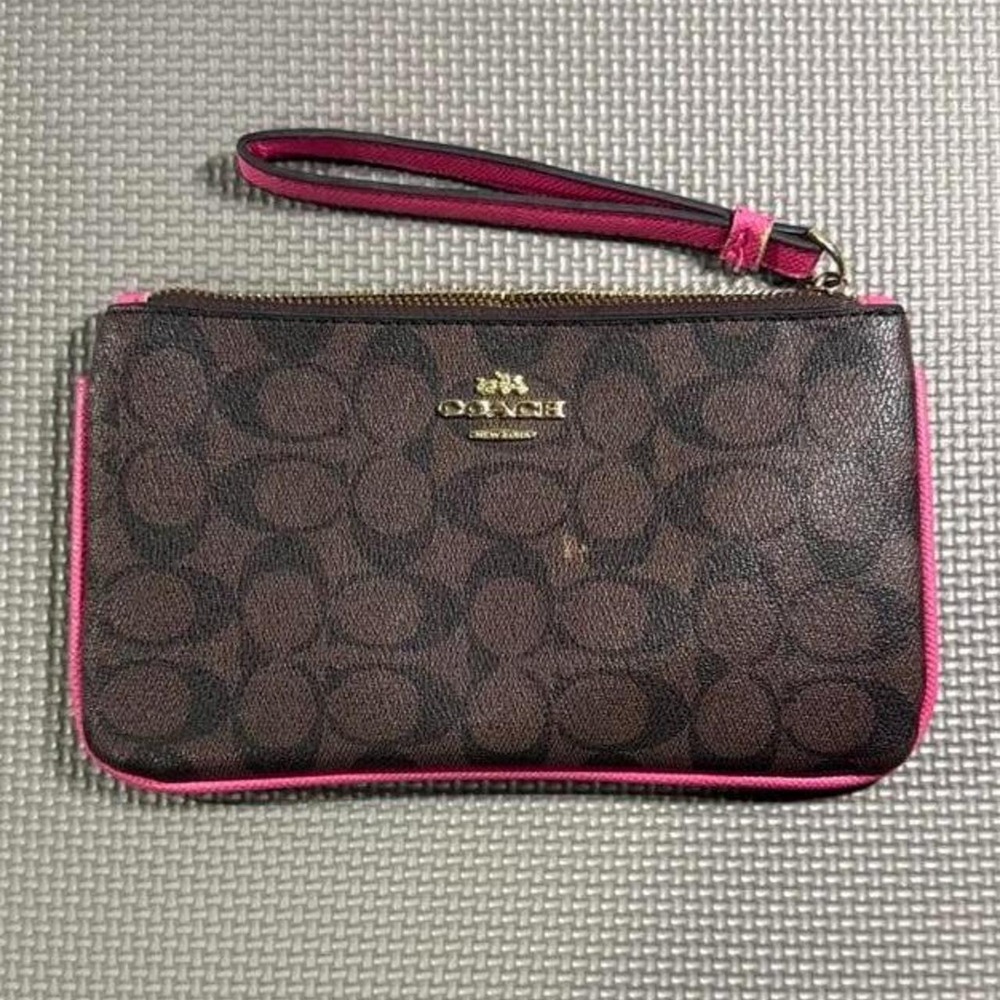 Coach Signature Canvas Corner Zip Wristlet Brown Hot Pink Monogram Bag